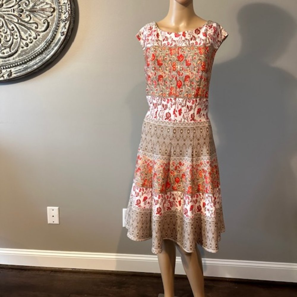 JULIAN TAYLOR TAN, WHITE AND ORANGE FLARE DRESS